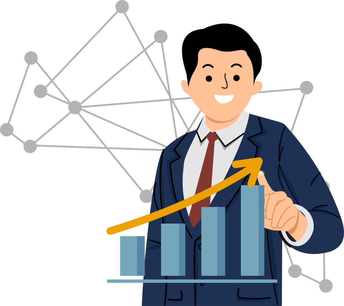 a man in a suit pointing at a graph